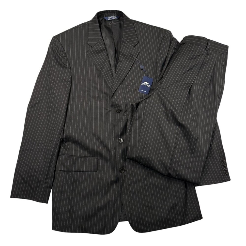 Stafford Suit 2 Piece 40L Jacket 32 x 31 Pants Black Pinstripe Wool Silk NWT New